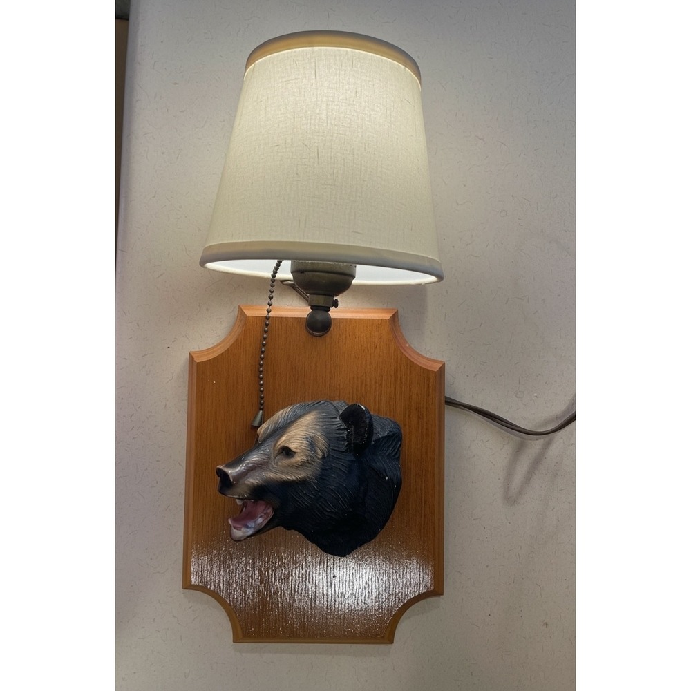 Vintage Black Bear Head Wall Lamp Sconce Wood Plaque Cabin Lodge Decor Brown